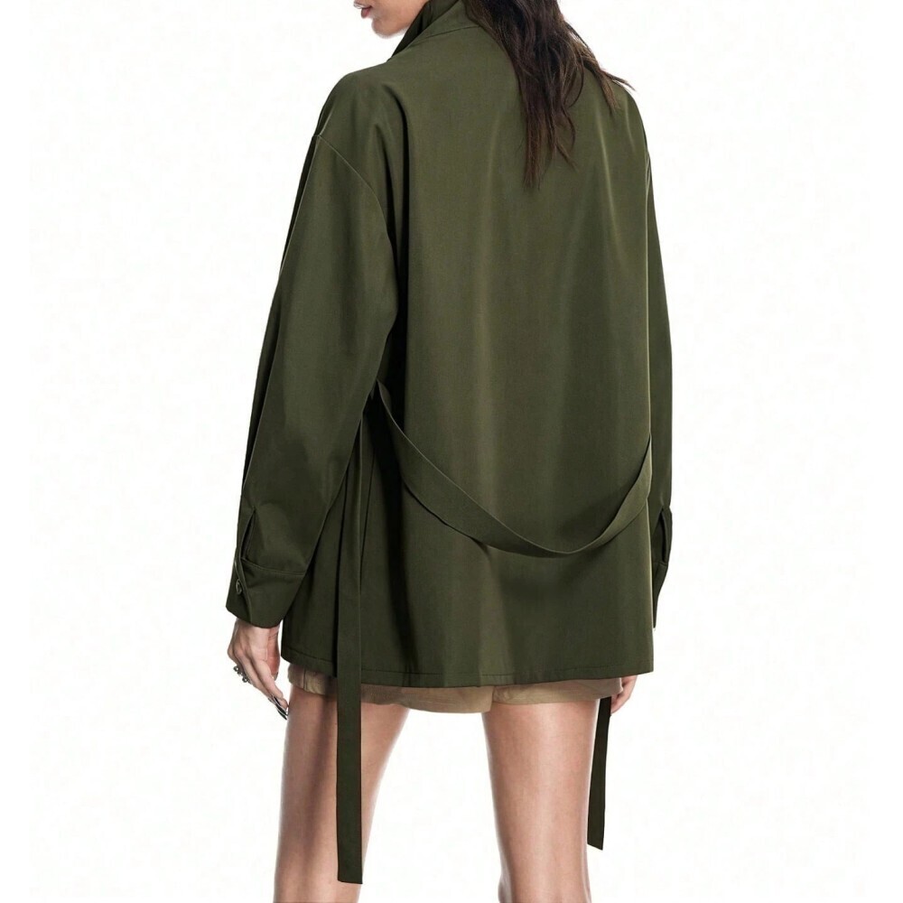 Olive Green Draped Waterfall Cape-Effect Collar Oversized Trench Jacket - Picture 3 of 8